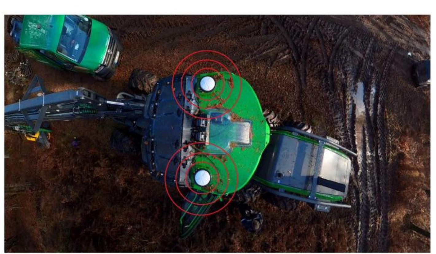 Zwei RTK-Module auf einem John Deere Harvester, von oben markiert
