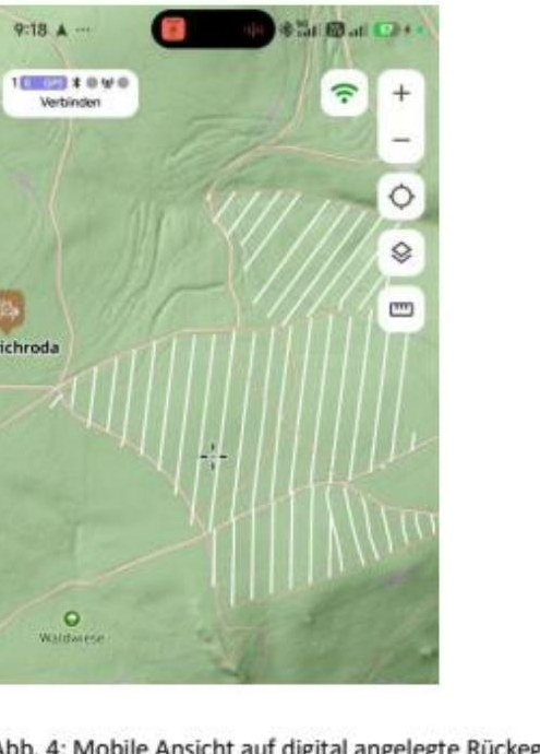 Mobile Ansicht digital angelegter Rückegassen in der Smartphone-App von WOOD.IN.VISION
